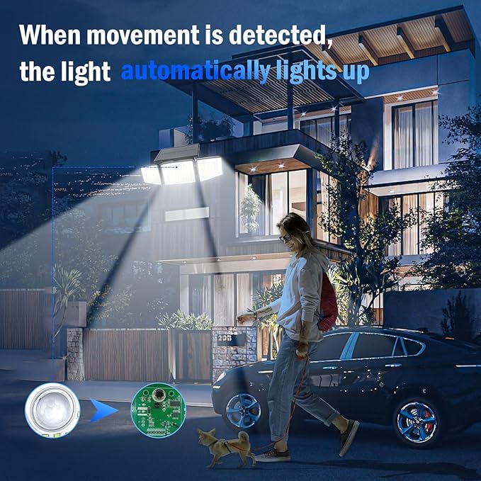 2500LM Solar Lights Outdoor with Motion Sensor,3 Head 270° Wide Angle Street Area Lights,IP65 Waterproof Security Lighting with 3 Modes(Remote,2 Pcs)