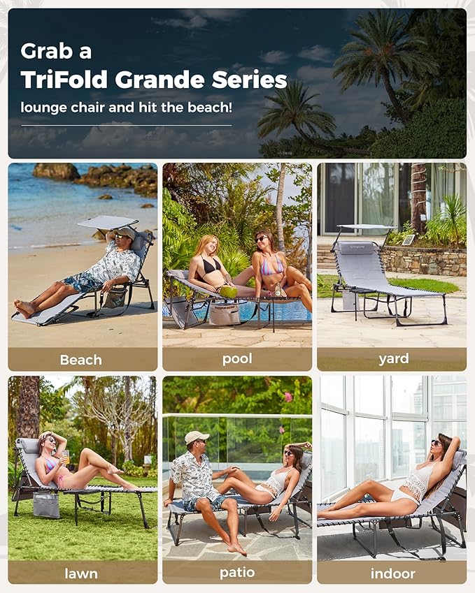 KingCamp Oversized Tanning Chair, Extra-Wide Padded Folding Chase Lounge Chairs Adjustable 5-Position 400lbs Heavy Duty Lounger with Double-Layer Oxford Canopy Shade for Outdoor Beach Patio Sun Pool