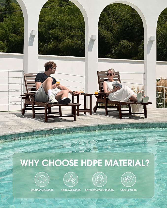 Lounge Chair Outdoor Set of 2, HDPE Chaise Lounge Outdoor with 5-Position & Wheels &Cup Holder, Pool Lounge Chair for Pool Poolside Deck Backyard Patio, Brown