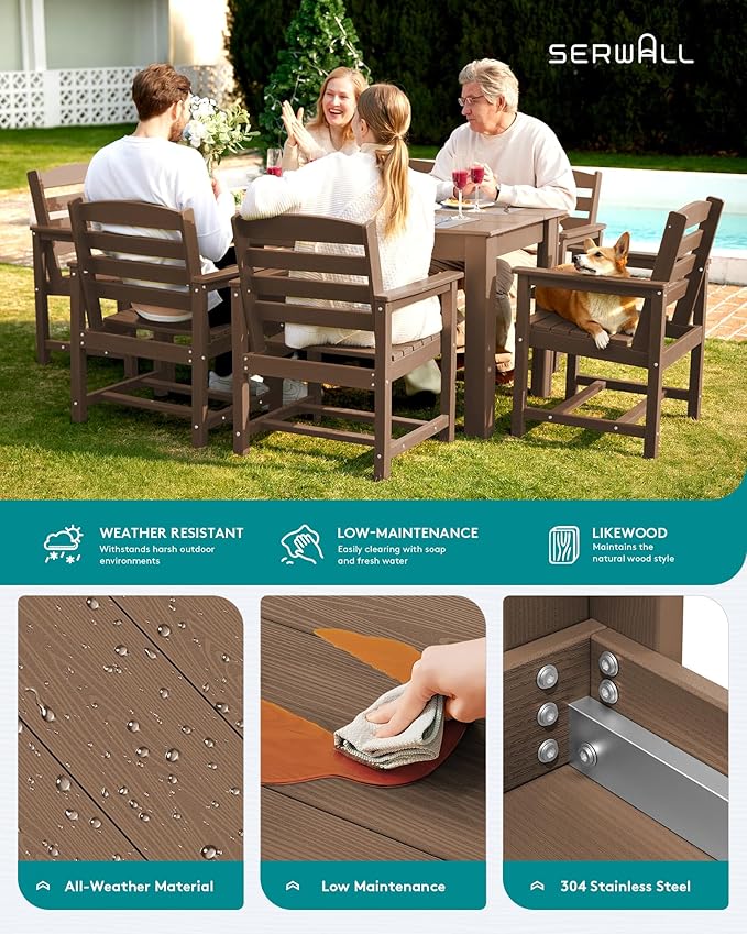 SERWALL Outdoor Dining Sets for 6, HDPE Dining Sets with 1 Umbrella Hole Cut-Out Rectangular Table and 4 Armless Chairs and 2 Armchairs, Patio Dining Sets, Brown