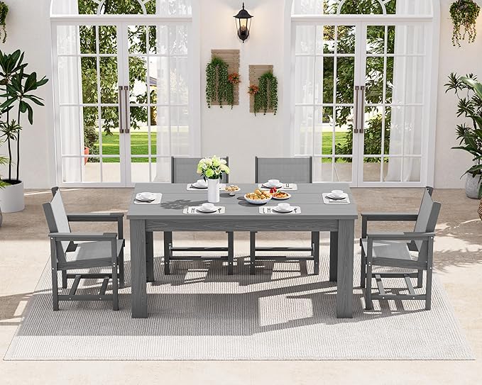 SERWALL 5 Piece Outdoor Dining Table Sets for 4 with 1 Umbrella Hole Cut-Out Rectangular Table and 4 Textilene Chairs, HDPE Dining Table Sets for Garden, Backyard, Poolside, Gray