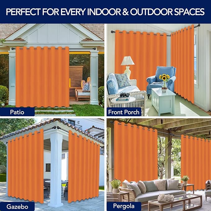 PureFit Outdoor Curtains for Patio Waterproof Weatherproof, UV Resistant Outside Curtains for Gazebo, Front Porch, Pergola, Sun Blocking Privacy Curtain, 120W x 108L inch, 1 Panel, Orange