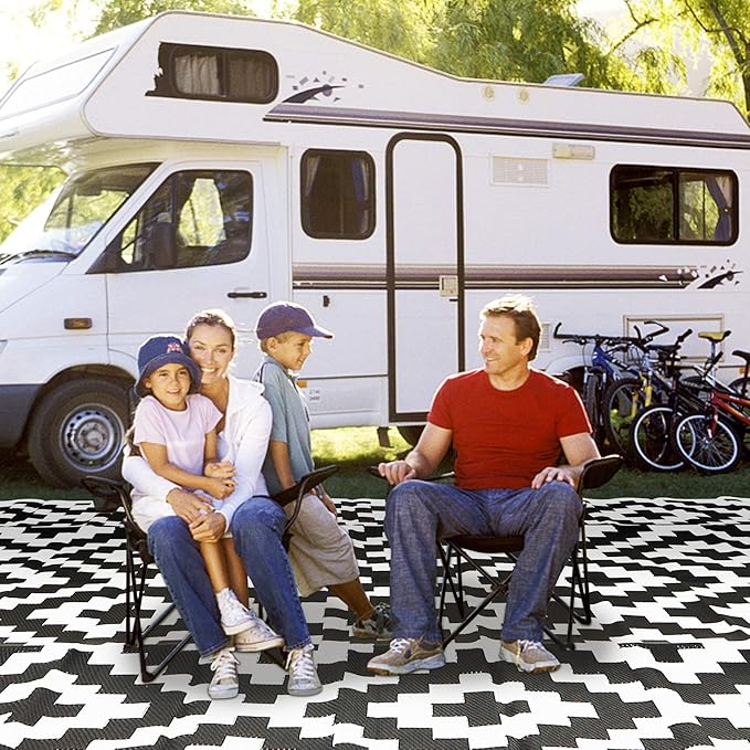 SAND MINE Waterproof Outdoor Rug 9x12 ft, Plastic Reversible Rug, Modern Area Rug, Large Floor Mat for Outdoors, RV, Patio, Backyard, Deck, Picnic, Beach, Camping (9' x 12', Black & White Lattice)