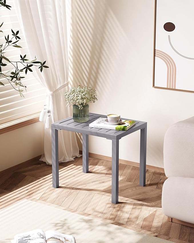 Crestlive Products Outdoor Side Table Set of 2, Aluminum Rectangular Side/End Table, Small Patio Coffee Bistro Table for Outdoor Indoor (Light Grey)