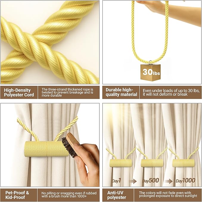 Hion Magnetic Curtain Tiebacks Golden 2pcs, Curtain Tiebacks Buckles Holdbacks Holders Hooks Clip for Home Bedroom Office Decorative Curtain