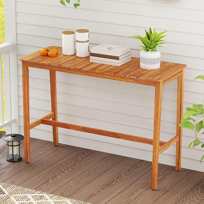 Tangkula Patio Bar Table, 54” x 22” Acacia Wood Counter Height Table with Slatted Tabletop & Footrest Crossbar, Rectangle High Top Table for Backyard, Poolside, Balcony