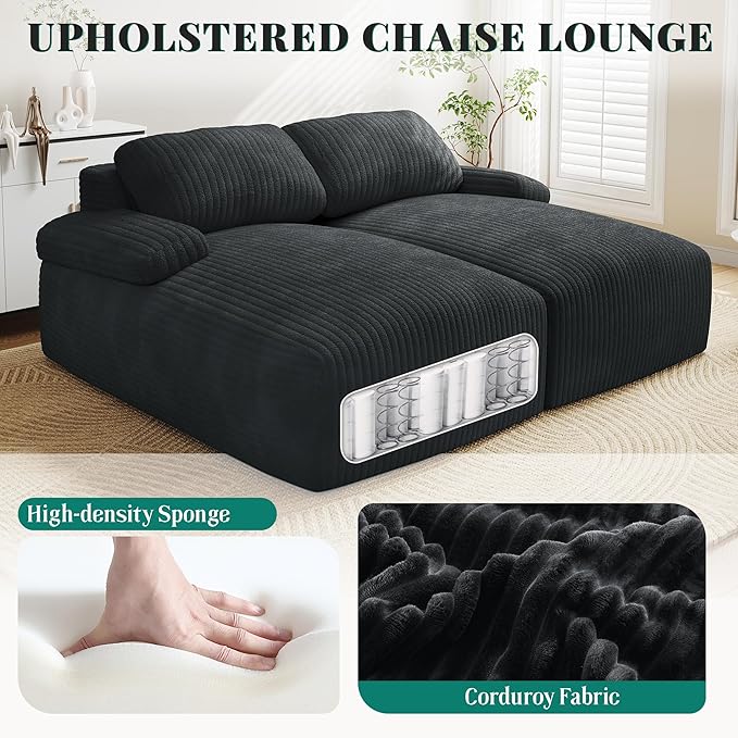 YITAHOME 80" Oversized Double Chaise Lounge, Upholstered Cloud Sofa with Deep Seat & 2 Pillows, Corduroy Loveseat Sleeper Couch with Thick-Density Foam for Living Room, Home Office, No Assembly, Black