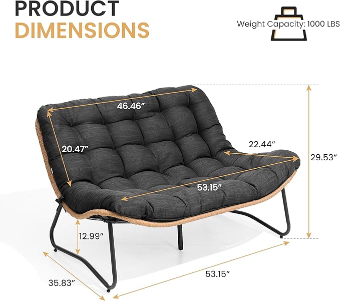 Crestlive Products Outdoor Loveseat, 2 Seater Outdoor Couch with Soft Cushion, All-Weather Boho Rattan Patio Furniture for Deck,Balcony, Poolside, Backyard, Porch (Black)