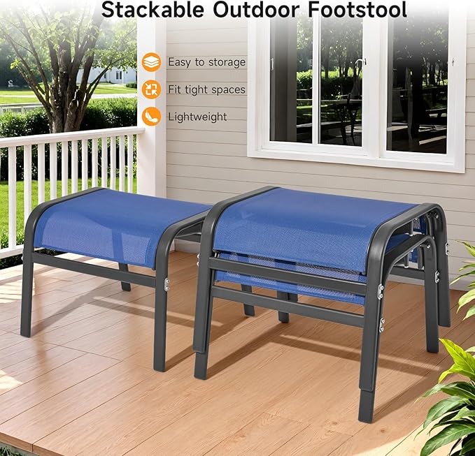 ONBRILL Outdoor Ottoman Set of 2, All Weather Outdoor Foot Stool with Supportive Textliene and Metal Frame, Stackable Oversized Outdoor Foot Rest for Furniture Patio Garden Pool, Blue