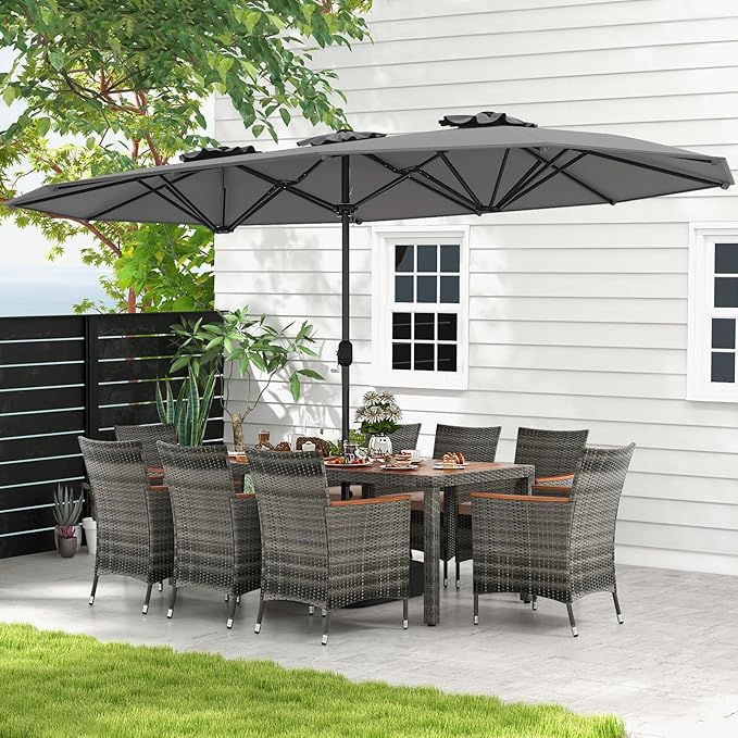 Tangkula 10 Pieces Patio Wicker Dining Set w/Double-Sided Patio Umbrella, Outdoor Acacia Wood Furniture Set w/ 8 Armchairs, 71” Dining Table & 15 ft Umbrella with Weighted Base (Gray)