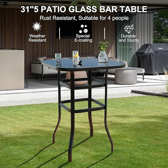 5 Piece Outdoor High Top Bar Set, 5 Pieces Outdoor Swivel Bar Set with 4 Swivel Chairs and Glass Top Table, All Weather Textile Fabric Outdoor Bar Height Chairs and Table Set of 5 for Deck, Backyard