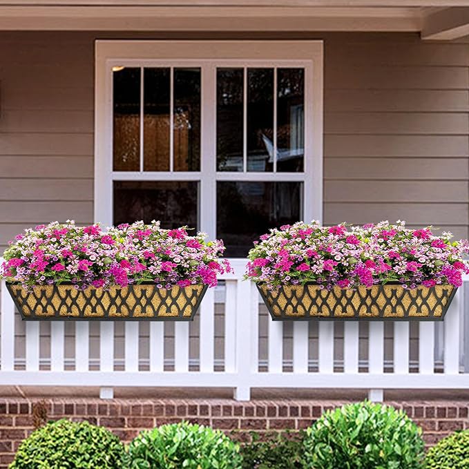 6 Pack 30 Inch Window Boxes Planters Railing Planter Box with Adjustable Brackets for Porch Fence Patio Balcony Hanging Flower Baskets with Coco Liners for Outdoor Garden Decor - Black