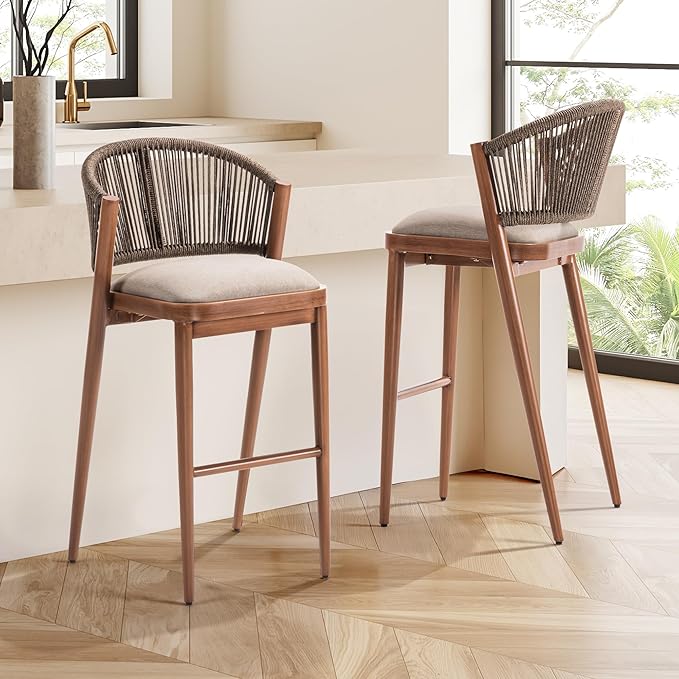 IDZO 400lbs Capacity Modern Rope Bar Stools Set of 2, 28 Inches Bar Height Stools with Comfortable Cushions, Aluminum Base and Ergonomic Curved Backrest, Easy Assembly for Indoor and Outdoor Use