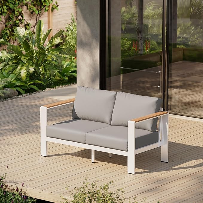 Aluminum Outdoor Patio Furniture Loveseat, All-Weather Outdoor Patio Sofa with Washable Thick Cushion, Patio Sofa Couch for Porch, Balcony, Deck, Yard, White