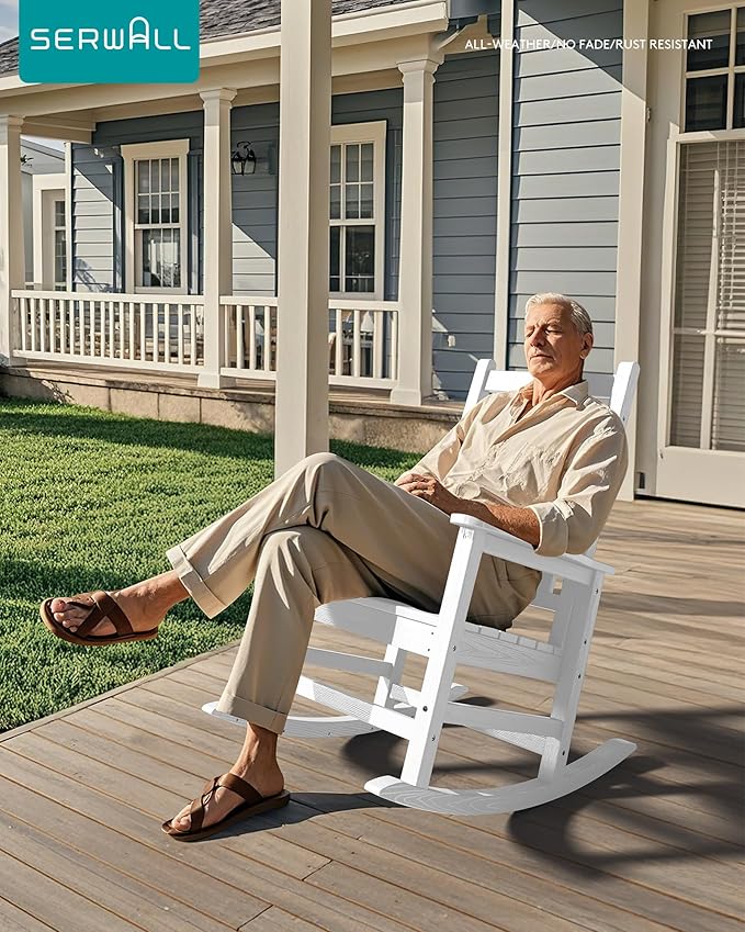 SERWALL Oversized Outdoor Rocking Chair Set of 4, HDPE Rocker for Adults, Patio Rocking Chairs for Porch, White