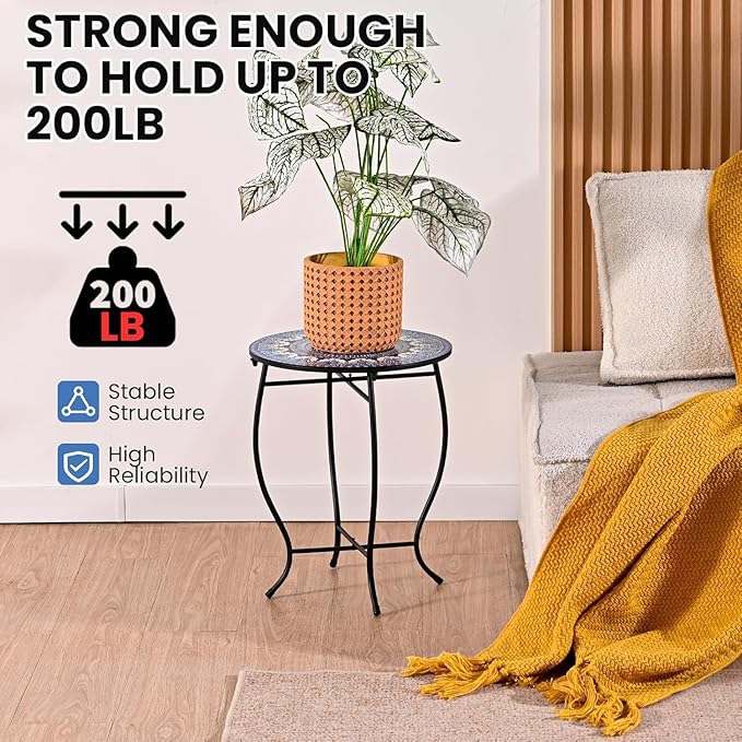 Metal Round Side Table, Weather Resistant Patio Accent Table for Indoor Outdoor Use, 14”Plant Stand for Flower Pots Vase Home Decor, Easy Assemble