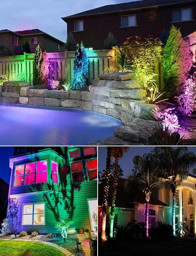 SUNVIE Christmas 12W RGB Color Changing Landscape Lights Low Voltage LED Landscape Lighting Remote Control Spotlight Waterproof Garden Pathway Christmas Decoration Outdoor, 8 Pack with Connector