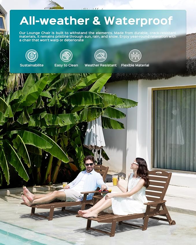 Ciokea Outdoor Lounge Chair Set of 4, All Weather Patio Chaise Lounge Chair for Outside, HDPE Chair with Rolling Wheels & Cup Holder, 5 Position, Deck, Pool, Dark Brown