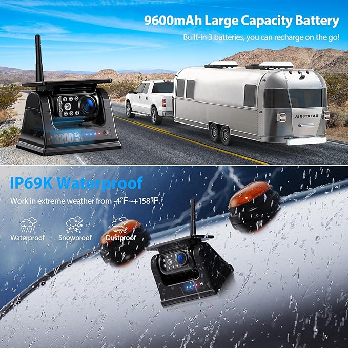 9 Inch Magnetic Solar Wireless Backup Camera System, 9600mAh Solar Rechargeable RV Backup Camera Wireless with HD1080P 9" Loop Recording Monitor for Trailer RV Trucks, BL901