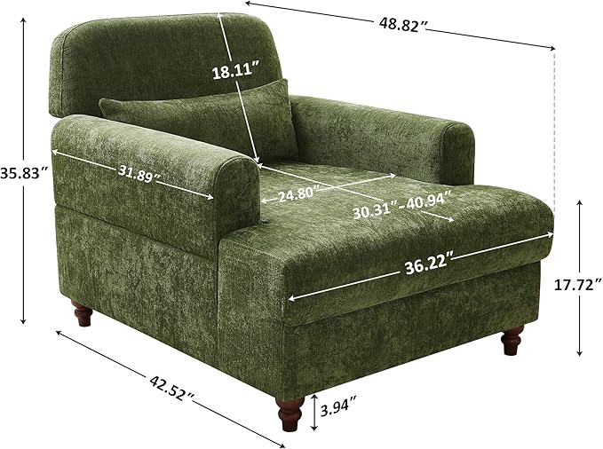 Chaise Lounge Chair Indoor with Adjustable Backrest, Oversized Accent Armchair for Living Room & Bedroom, Upholstered Mid-Century Reading Chair, Comfy Single Sofa Chair, Modern Living Room Chair