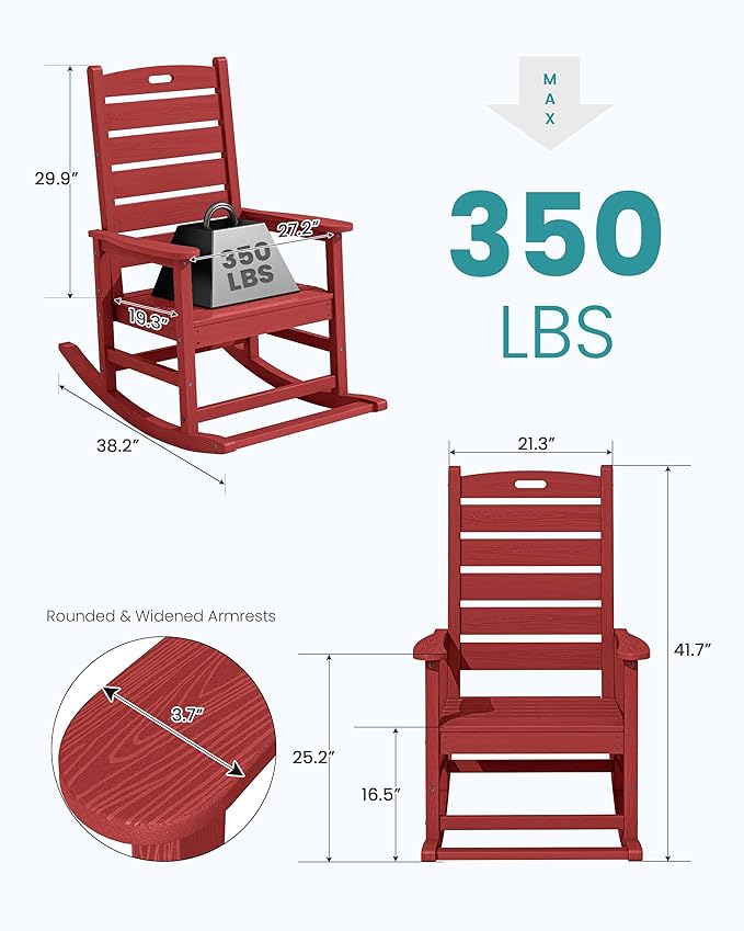 SERWALL Outdoor Rocking Chair, Oversized Rocking Chair with Footrest for Adults, HDPE All Weather Resistant Rocking Chairs for Patio, 350lbs Weight Capacity, Red