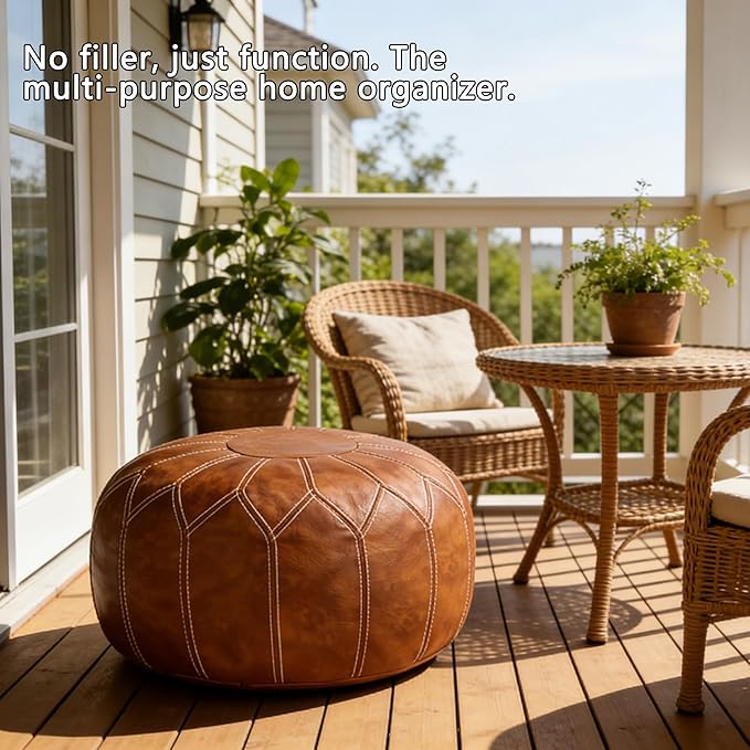 Thgonwid Unstuffed Moroccan Faux Leather Pouf Ottoman with Storage - Handmade Boho Chic Multi-Use Footrest for Living Room, Bedroom, Patio - Round Ethnic Floor Cushion & Decorative Accent, Brown