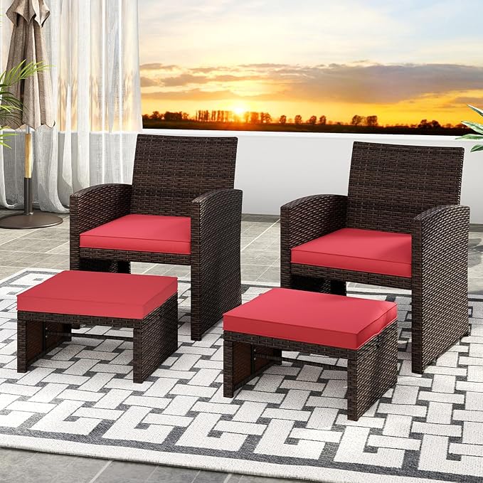 Tangkula 2 Pieces Patio PE Rattan Ottomans, Multipurpose Outdoor Footstool Footrest Additional Seating Side Table with Soft Zippered Cushions for Deck, Garden, Poolside and Yard (Red)