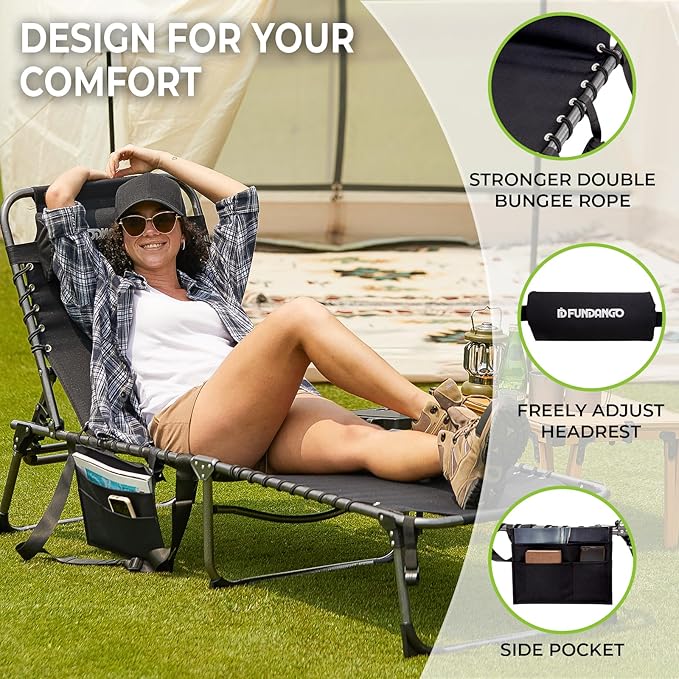 FUNDANGO Chaise Lounge Chair Outdoor, 5-Position Folding Tanning Chair with Detachable Side Table & Pillow, 180° Lay Flat Portable Beach, Heavy Duty U-Frame for Patio, Pool, Lawn, 265lbs (Black)