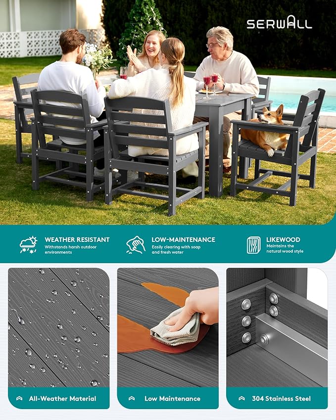 SERWALL Outdoor Dining Sets for 10, HDPE Dining Sets for 10 Person with 2 Rectangular Tables and 8 Armless Chairs and 2 Armchairs, Patio Dining Sets for Garden, Backyard, Poolside, Gray