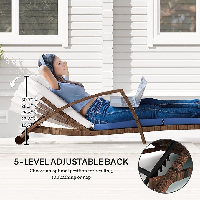 Outsunny Wicker Chaise Lounge Chair Outdoor Set of 2, 5-Position Adjustable Reclining Pool Lounge Chairs with Wheels, Rattan Outdoor Lounger with Cushion, Armrests for Poolside Beach Backyard, Beige
