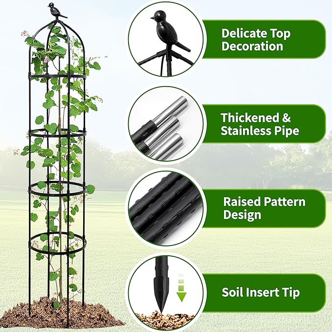 2-Pack 6FT Garden Obelisk Trellis for Climbing Plants,Adjustable 4-Tier Metal Plant Support,Rustproof Outdoor Plant Tower with 3 Decorative Tops for Roses,Tomatoes,Clematis & Vines,Black