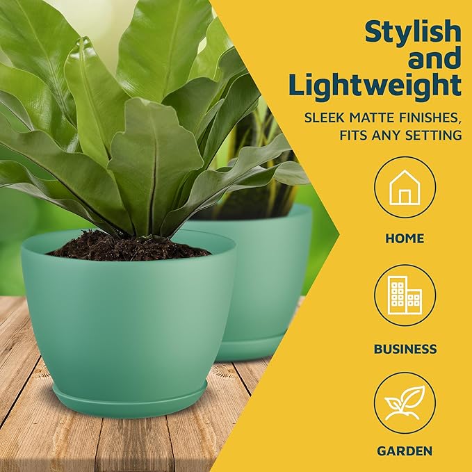 Planter Pots with Drainage Holes - Lightweight, Durable, & Space-Saving Pots for Indoor and Outdoor - Versatile Functionality, Simple Modern Design, Set of 5 Plastic Planter Pots Mint