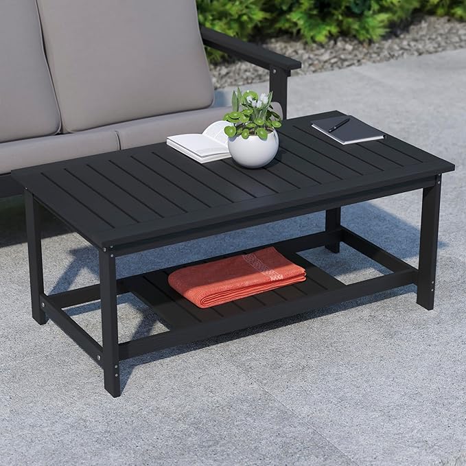 BizChair Two Tiered Commercial Grade Adirondack Coffee Table - Black Finish Poly Resin Wood - All-Weather - Slatted Shelf Design