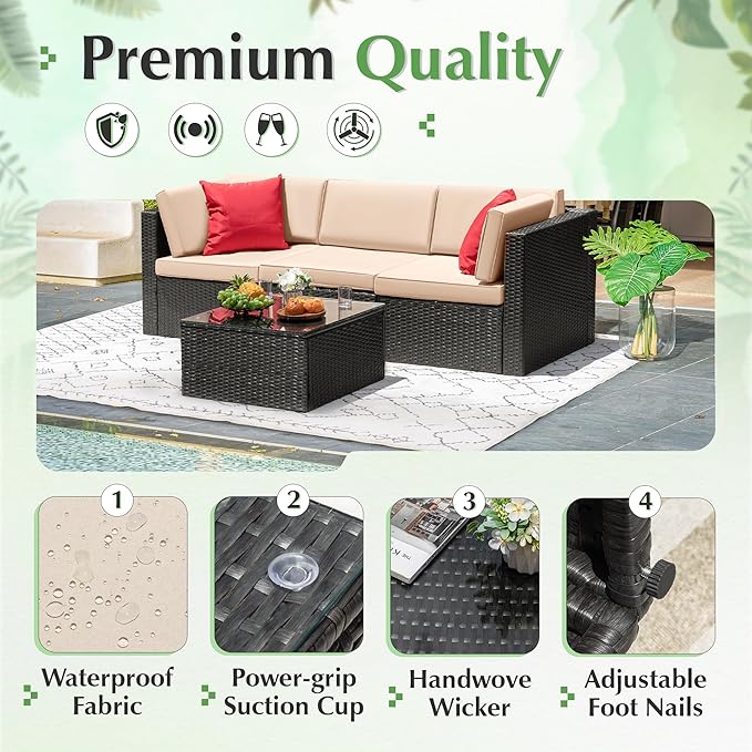 Devoko 4 Pieces Patio Furniture Sets All-Weather Outdoor Sectional Sofa Manual Weaving Wicker Rattan Patio Conversation Set with Cushion and Glass Table (Beige)