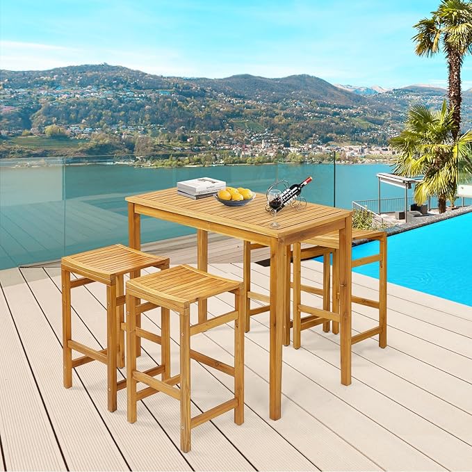 Tangkula 5 Piece Outdoor Acacia Wood Bar Table Set, 45" Rectangular High Top Table with 4 Saddle Seat Bar Height Stools, Space-Saving Patio Dining Set for 4, for Deck, Garden and Porch
