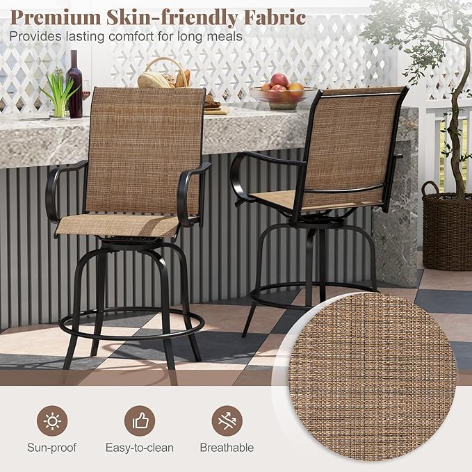 Giantex Set of 4 Swivel Outdoor Bar Stools, All-Weather Bar Height Patio Chairs, 330LBS Capacity, 360 Rotating Outside Bar Chairs with High Back Armrests, for Porch Yard Lawn Garden Pool (Brown)