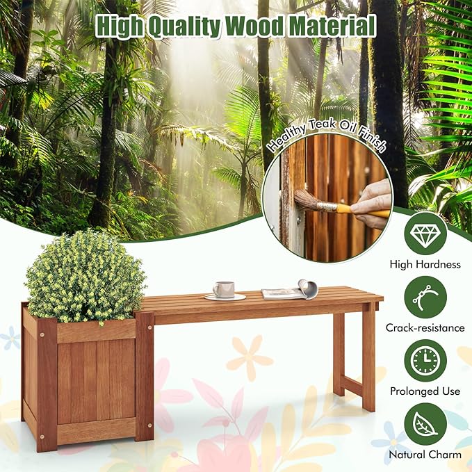 Giantex 2-in-1 Outdoor Bench with Raised Garden Bed, Wood Seat with Teak Oil Finish, Planter Box with Open-Ended Base, Garden Bench Seat for Porch Balcony Lawn Yard, DIY Assembly