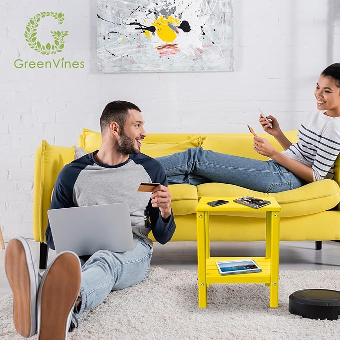 GREENVINES Adirondack-Outdoor-Side-Table | 14 x 13 Inches | HDPE Plastic | All Weather | Yellow | Outside End Tables | Storage Shelf | for Patio Porch Backyard Indoor