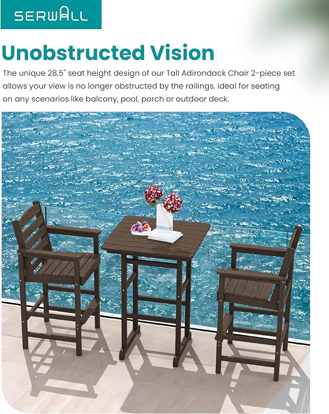 SERWALL Tall Adirondack Chairs Set of 2, Oversize Balcony Adirondack Chairs Set, Outdoor Bar Height Barstools Widened Chair Set for Bistro, Poolside, Garden, Coffee