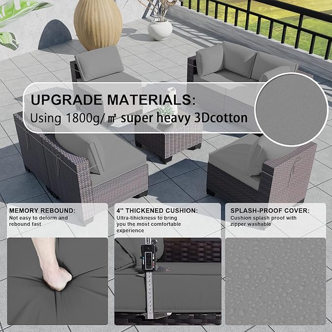 Kullavik 7 Pieces Outdoor Patio Furniture Set,Sectional Rattan Sofa Set Brown PE Rattan Wicker Patio Conversation Set with Tempered Glass Coffee Table and Washable Cushions Covers,Grey