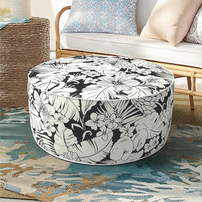 Inflatable Ottoman Stool D21 xH9 for Outdoor/Indoor Use, Water Repellent Patio Foot Rest with Portable Handle,Round Pouf Ottoman Suitable for Garden,Deck and Camping-Tropical Blossom Noir