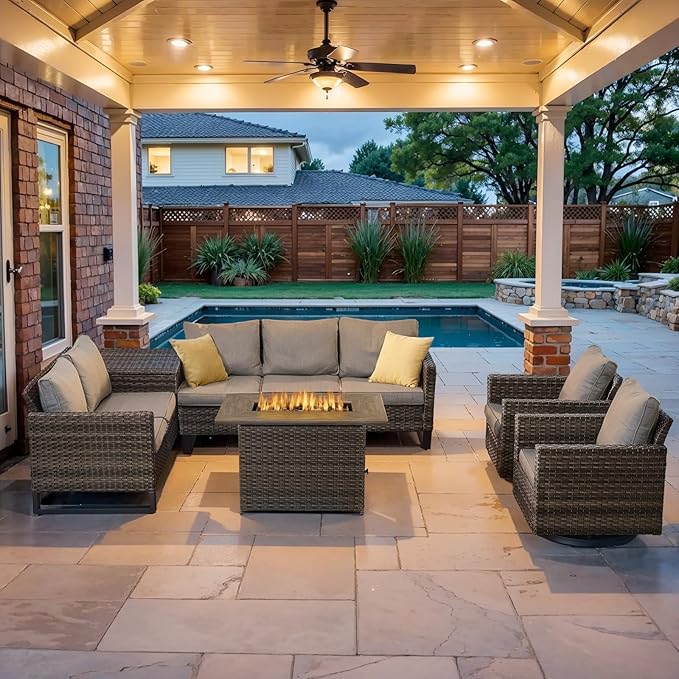 Belord 6-Piece Outdoor Sectional Furniture Set with 41” Fire Pit Table, 5-Seater Patio Furniture Set with Swivel Glider Chairs & Storage Box, 50000 BTU Propane Fire Pit Table, All-Weather PE Wicker