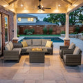 Belord 6-Piece Outdoor Sectional Furniture Set with 41” Fire Pit Table, 5-Seater Patio Furniture Set with Swivel Glider Chairs & Storage Box, 50000 BTU Propane Fire Pit Table, All-Weather PE Wicker