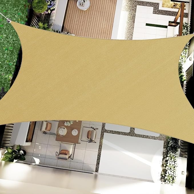 8' x 8' Sun Shade Sail Sand Curved Commercial Outdoor Shade Cover Sand Rectangle Heavy Duty Permeable 185GSM Backyard Shade Cloth for Patio Garden