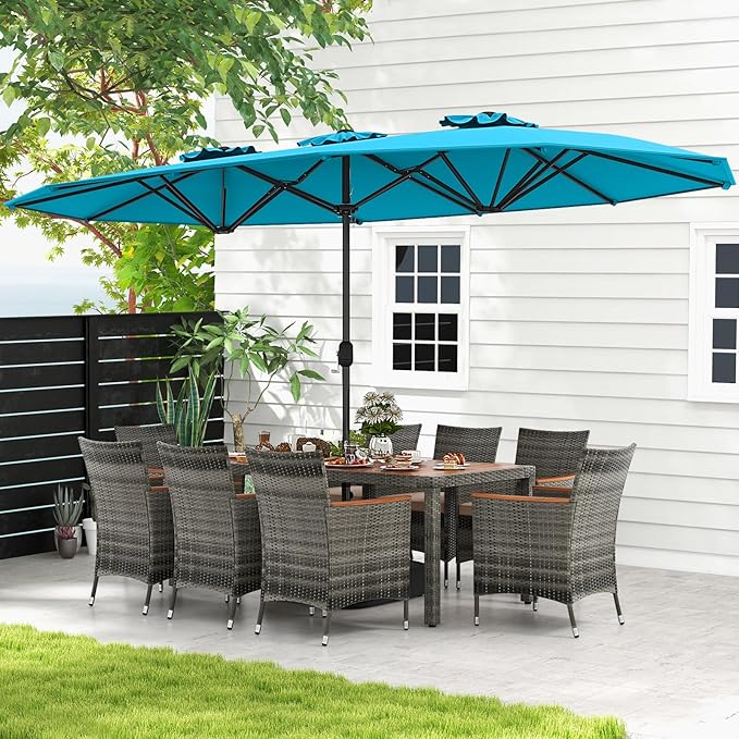 Tangkula 10 Pieces Patio Wicker Dining Set w/Double-Sided Patio Umbrella, Outdoor Acacia Wood Furniture Set w/ 8 Armchairs, 71” Dining Table & 15 ft Umbrella with Weighted Base (Turquoise)