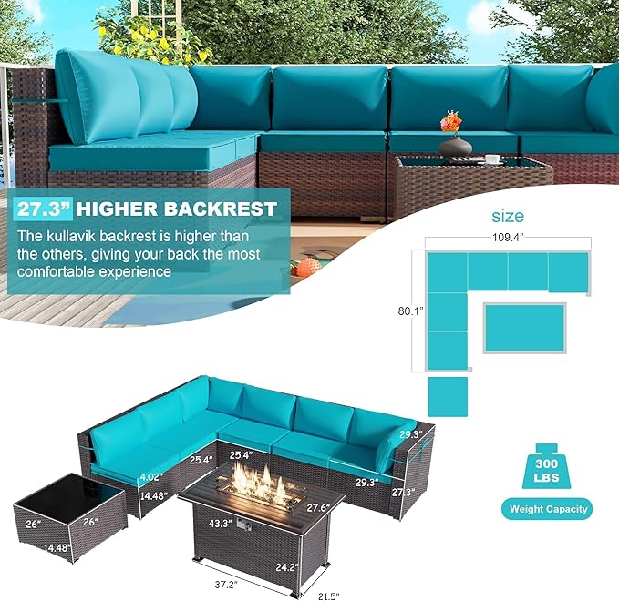 Kullavik 8 Pieces Outdoor Patio Furniture Set,Sectional Sofa Set with 43" 55000 BTU Gas Propane Fire Pit Table,Brown PE Rattan Wicker Patio Conversation Set,Turquoise Blue