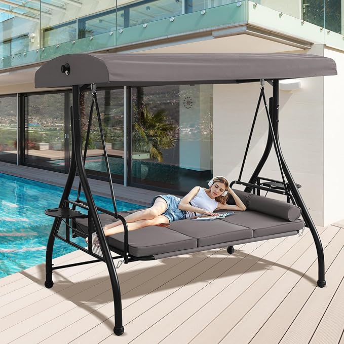 Patio Porch Swings with Adjustable Canopy - 3 Seat Outdoor Porch Swing Glider Bench with Stand, Heavy Duty Swing Bed W/Cushions Pillows and Cup Holder for Backyard Garden Lawn Poolside (Gray)