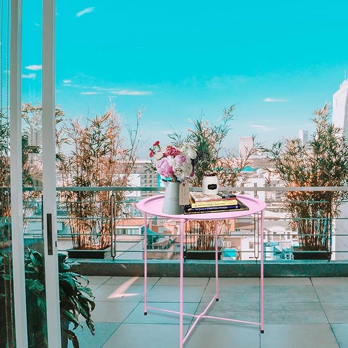Garden 4 you End Table 2 PCS Metal Side Table Pink Round Folding Tray Cyan Sofa Small Accent Fold-able Table, Round End Table Tray, Next to Sofa Table, Snack Table for Living Room and Bed Room