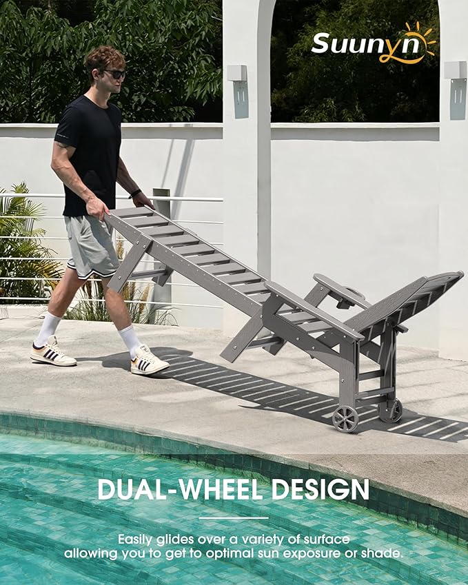 Chaise Lounge Outdoor, Lounge Chair Outdoor with Wood Texture, Adjustable 5-Position Backrest, HDPE Lounge Chair with Wheels & Cup Holder for Pool Deck Backyard, Light Grey