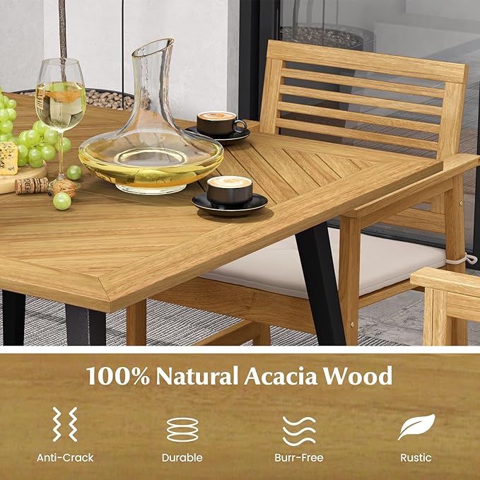 Tangkula 42.5" Acacia Wood Outdoor Dining Table for 4, Patio Table with 1.9" Umbrella Hole, Metal Legs & Adjustable Foot Pads, 4-Person Outside Table for Garden, Poolside & Backyard